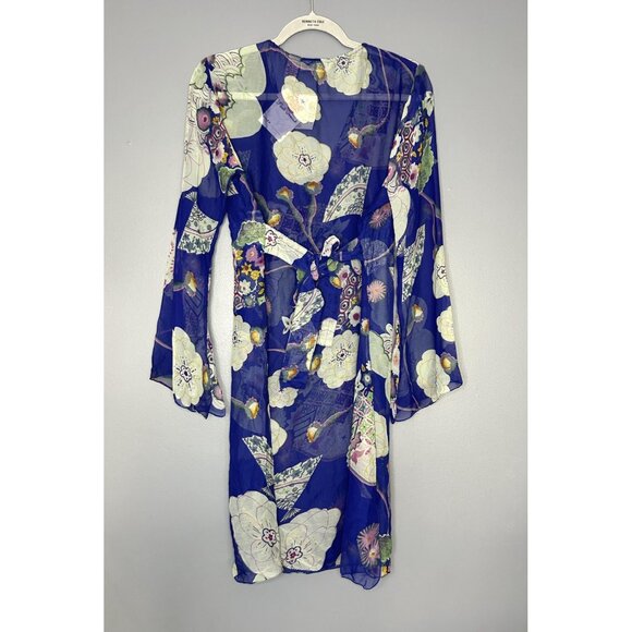 Pink Mode Kimono Tunic Top Womens 1X Blue Floral Sheer Tie Back Cover Up Boho - Picture 2 of 15